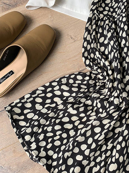 Stylish Polka-Dot Pleated Round-Neck Long Sleeves Loose Midi Dress