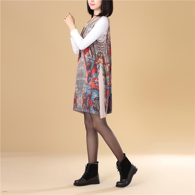 Autumn Women Round Neck Sleeveless Colorful Printing Sweater Dress