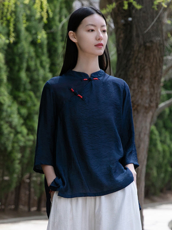 Vintage Tencel Buttoned Stand Collar High-Low Half Sleeves T-Shirt