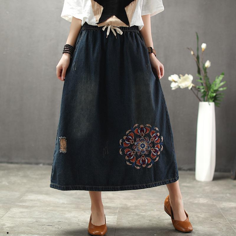 Denim Floral Embroidery A-Line Women Skirt