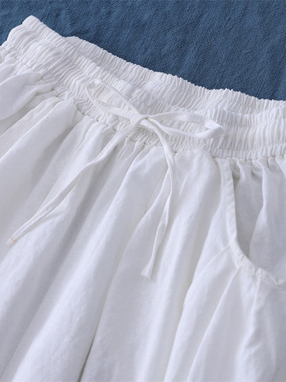 Simple Casual Loose Linen Solid Color Pleated Drawstring Knickerbockers