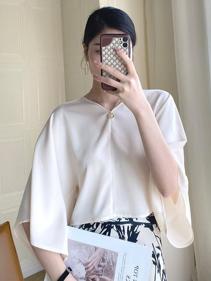 Chic Simple Solid Color Split-Joint V-Neck Batwing Sleeves T-Shirt