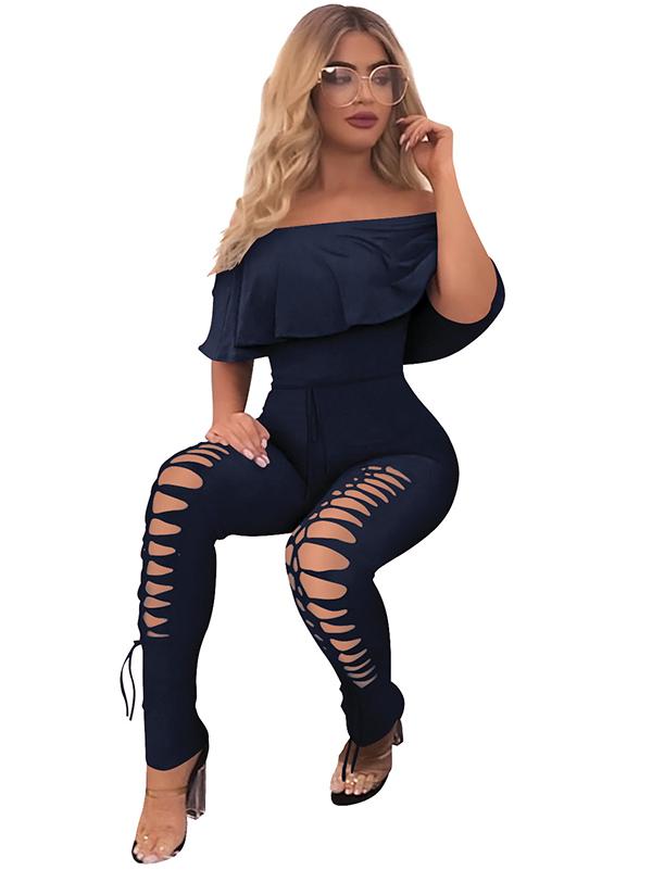 Off-The-Shoulder Lotus Leaf Sleeves Solid Sexy Jumpsuit