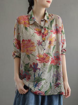 Artistic Retro Floral Lapel Shirt Blouse Tops