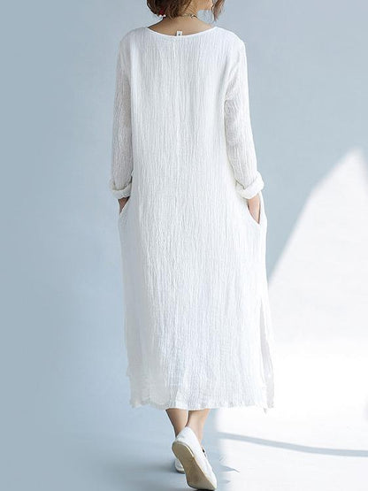 White Ramie Cotton Embroidered Long Dress