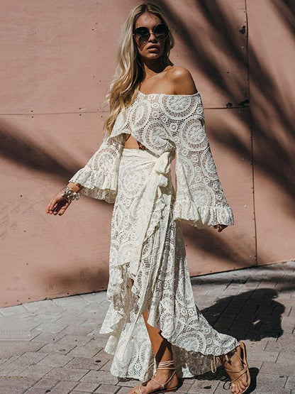 Hollow Flared Sleeve Blouses&Asymmetric Lace Skirt