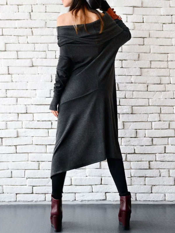 Casual Irregular Clipping Solid Color High-Low Off-The-Shoulder Long Sleeves Midi Dress
