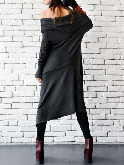Casual Irregular Clipping Solid Color High-Low Off-The-Shoulder Long Sleeves Midi Dress