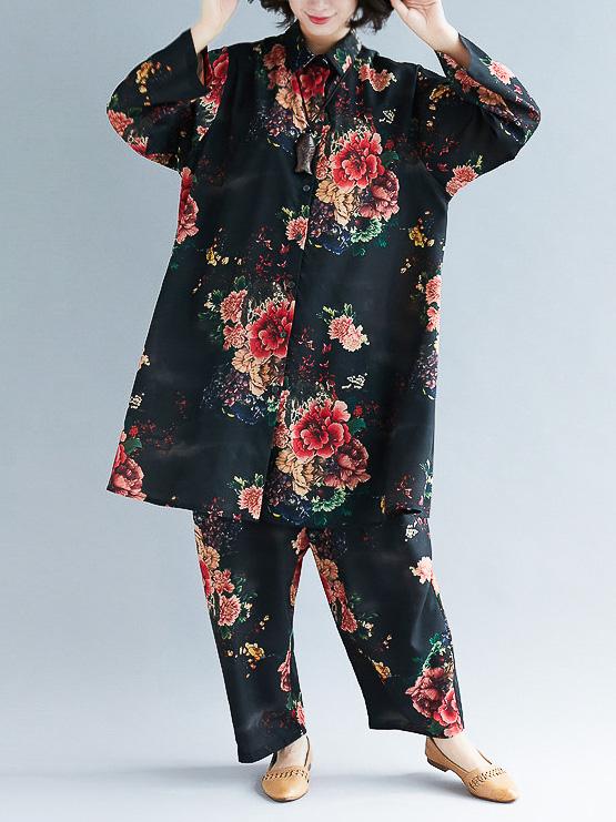 Loose Black Flower Print Lapel Long Sleeves Blouse + Pants Suits
