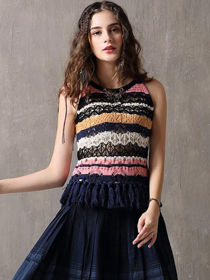 Striped Tasseled Kintwear Sleevesless Shirt