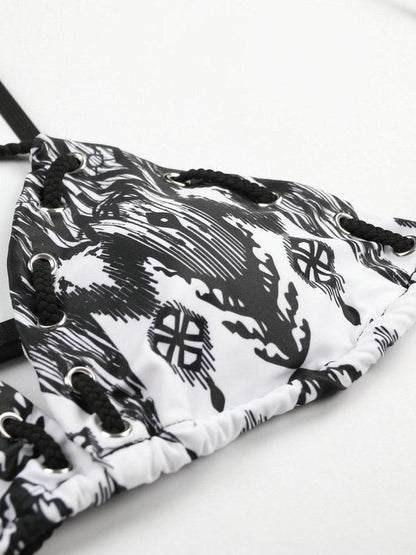 Tie Printed Lace-up Bikini Set