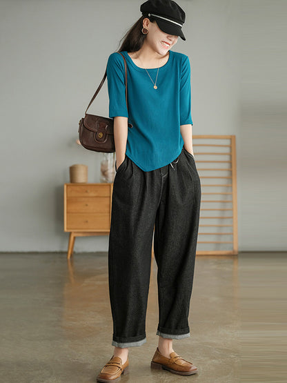 Simple Asymmetric Irregular Clipping Round-Neck Short Sleeves T-Shirt