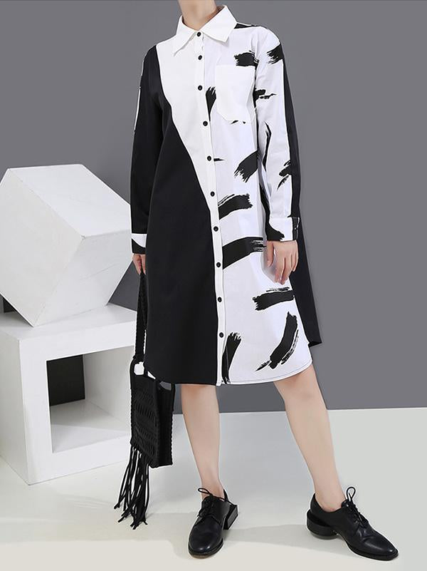 Long Split-Joint Lapel Printed Sleeve Midi Dress