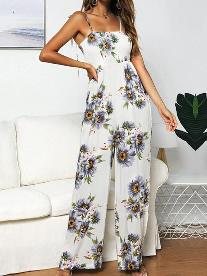 Sunflower Printed Spaghetti-neck Jumpsuits