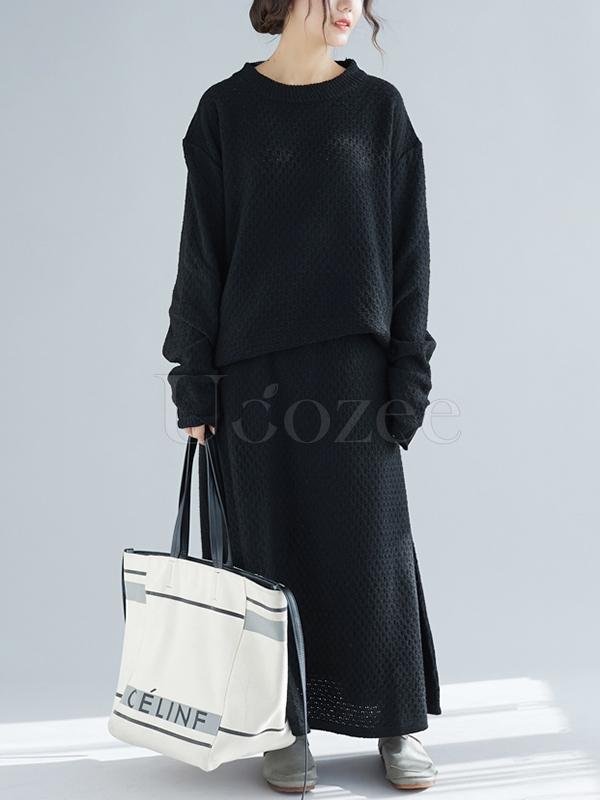 Loose Knitting Round-neck Sweater+Skirt Suits