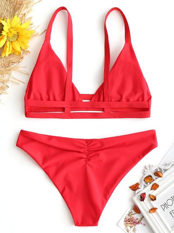 Solid Color Triangles Split Bikini Swimsuit