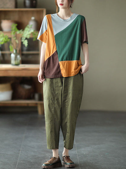 Cotton Blend Round-Neck Contrast Color T-Shirts Tops
