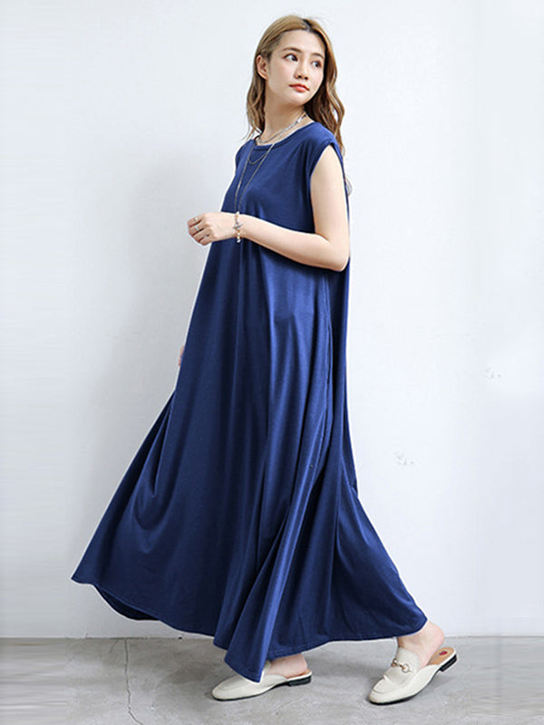Simple Solid Color Oversized A-Line Round-Neck Cap Sleeves Maxi Dress
