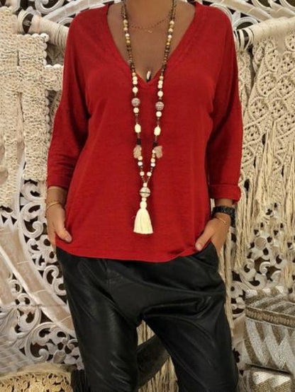 Loose V-neck Long Sleeve T-Shirt