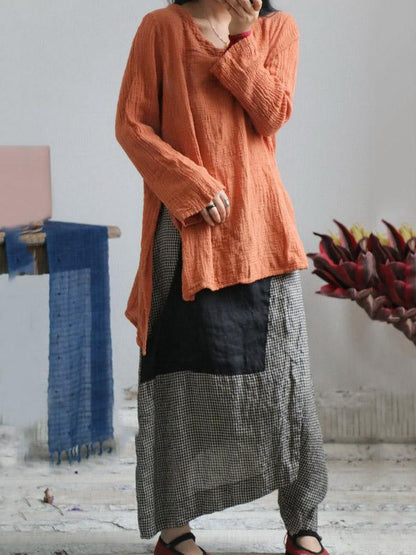 VINTAGE PLAID SPLIT-JOINT CROPPED LINEN PANTS