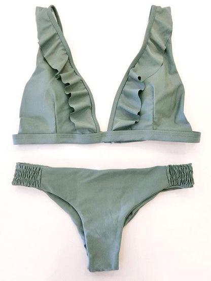 Sexy Falbala Plain Bikinis Swimwear