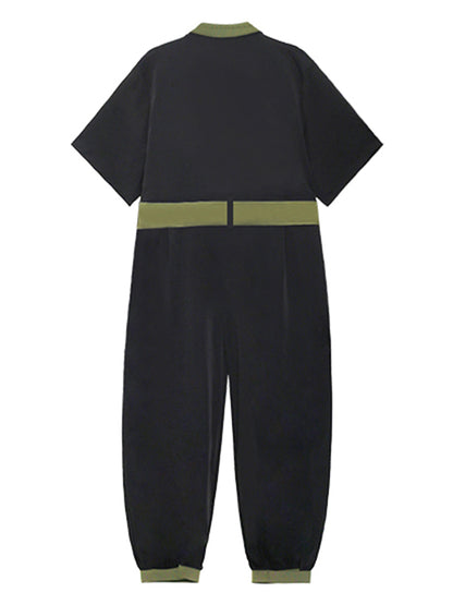 Stylish Belted Polo Collar Half Sleeve High-Waisted Jumpsuits