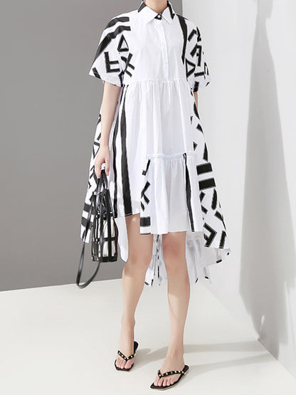 Loose Asymmetric Printed High-Low Lapel Split-Joint Midi Dress
