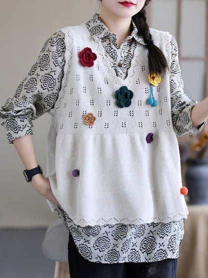 Vintage Knitting Sleeveless Applique V-Neck Vest Top