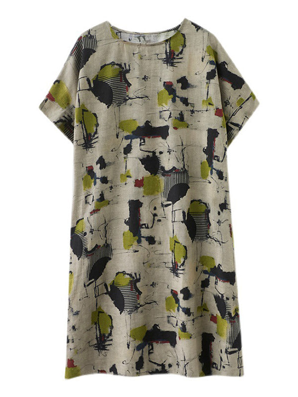Artistic Retro Ramie Cotton Printed Round-Neck Half Sleeves Midi Dress