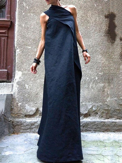 Navy Blue Split-joint Sleeveless Linen Dress