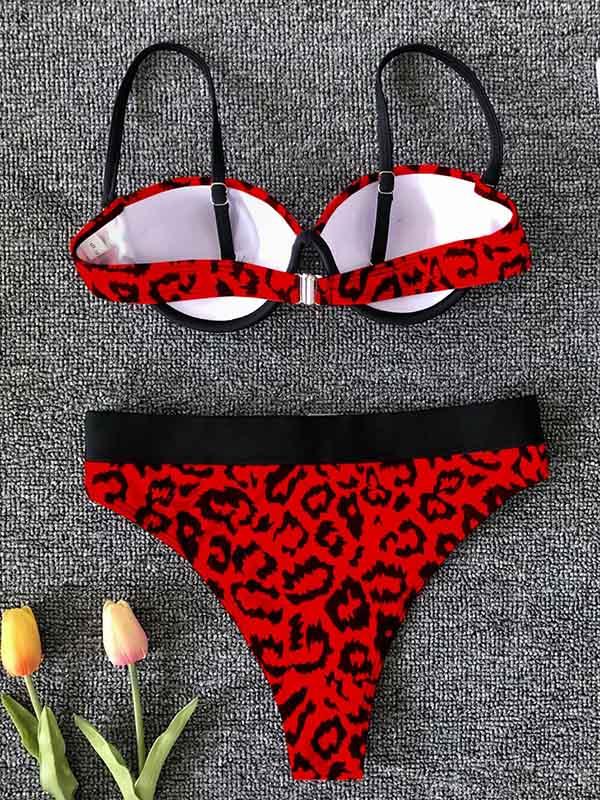 Leopard Print Underwired Belted Split Bikini Swimsuit