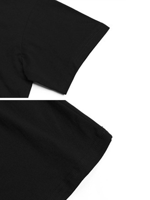 Casual Black Printed Round-Neck Short Sleeves T-Shirts