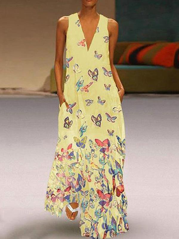 Butterfly Printed V-neck Maxi Dresses