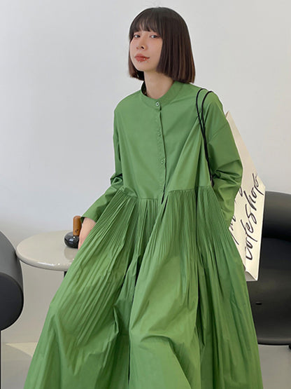 Simple Solid Color Pleated Stand Collar Midi Dress