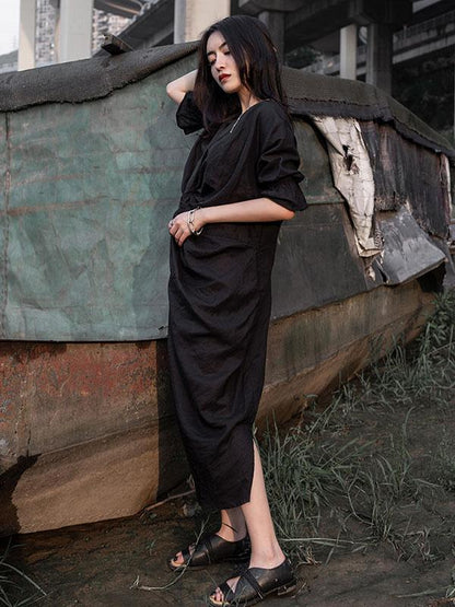 Solid Ruffled Split-Side Short Sleeves Dress