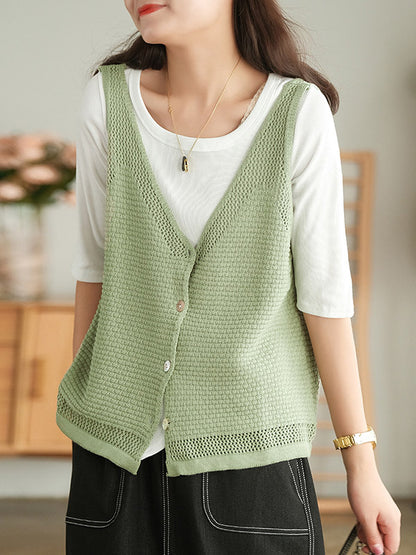 Simple Solid Color Buttoned V-Neck Hollow Vest Tops