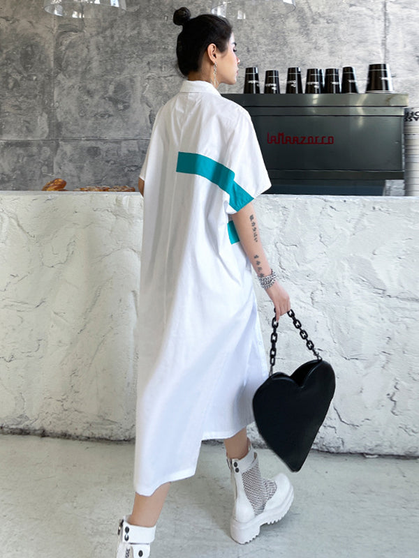 Original Loose Contrast Color Striped Printed Midi Shirt Dress