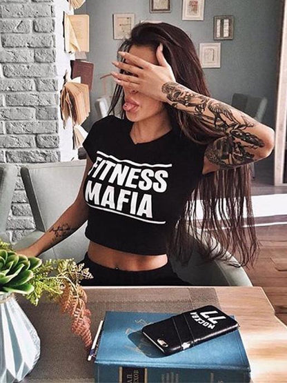 Letter Print Tee&Solid Leggings Yoga&Gym Suits
