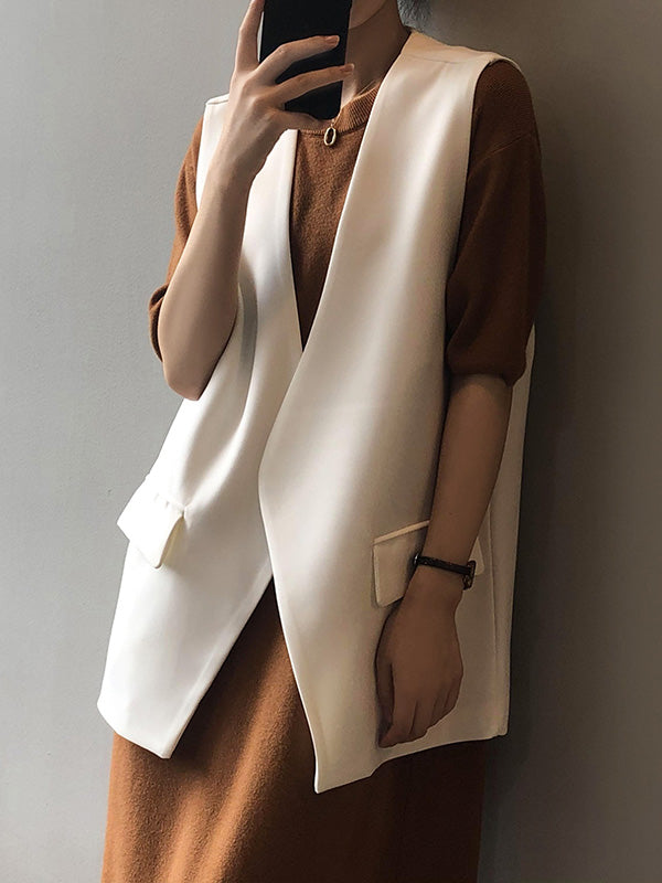 Urban Solid Color Split-Joint With Pocket Split-Back V-Neck Sleeveless Vest Outwear