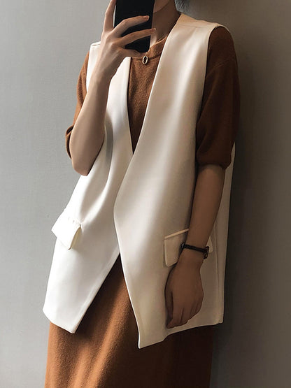 Urban Solid Color Split-Joint With Pocket Split-Back V-Neck Sleeveless Vest Outwear