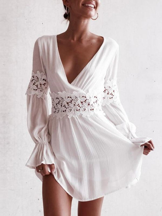 Hollow Long Sleeves V-neck Mini Dresses