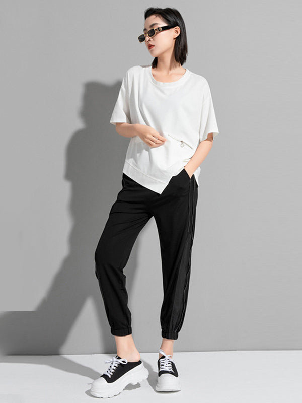Fashion Asymmetric Irregular Clipping Split-Side Round-Neck T-Shirt