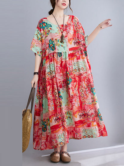 Vintage Floral Printed Round-Neck Short Sleeves Midi Dress