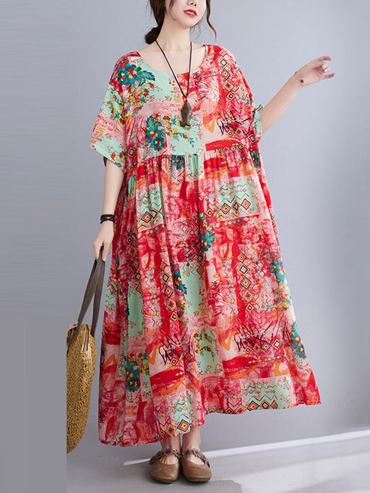 Vintage Floral Printed Round-Neck Short Sleeves Midi Dress
