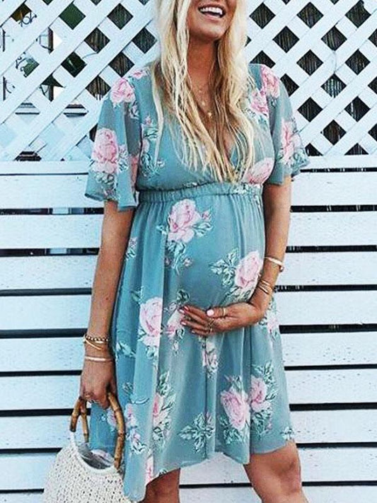 Maternity Printed V-neck Short Sleeve Midi Dress
