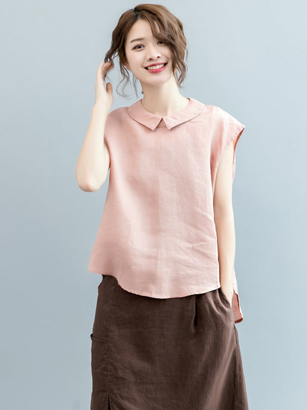Simple Solid Color Lapel Cap Sleeve Vest Top