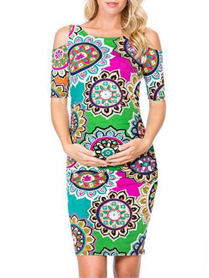 Maternity Printed Cold Shoulder Round-neck Mini Dress