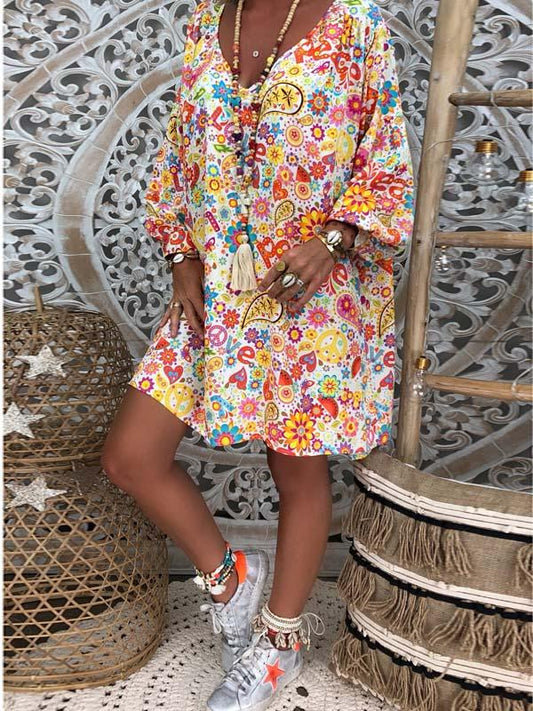 Casual V-neck Printed Puff Sleeve Mini Dress
