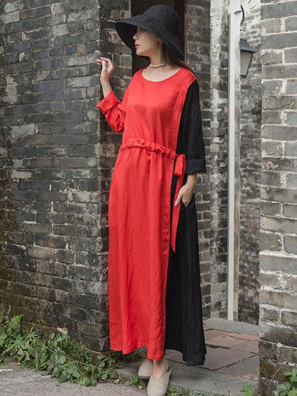 Color Blocking Tencel Linen Round-neck Long Dress