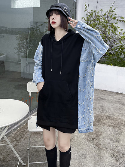 Original Stylish Loose Denim Split-Joint Hooded Long Sleeves Hoodies